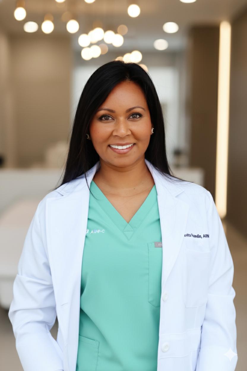 Travita Ramdin in a white coat and teal scrubs